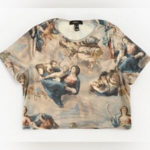 Forever 21 Mesh Crop Top Angels Short Sleeve Semi-Sheer Stretch - Size 2X